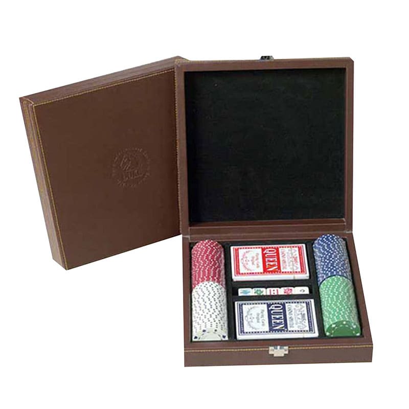 Conjunto de fichas de pôquer em caixa de couro