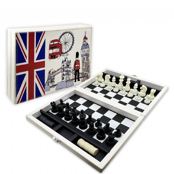 Conjunto de xadrez e damas com caixa dobrável de couro premium