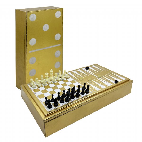 Komplettes 6-in-1-Tabletop-Spielset in einem dekorativen PVC-Gehäuse im Domino-Stil