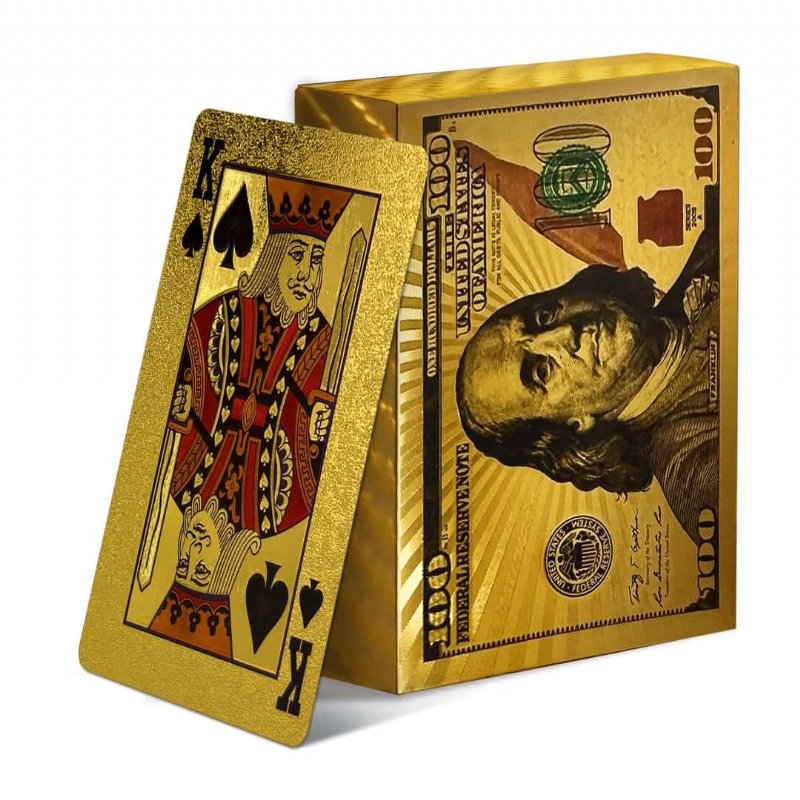 Baraja de cartas de póquer de lámina dorada con patrón de billete de dólar - 100 USD