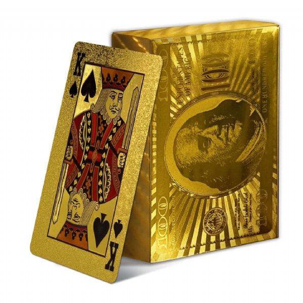 Baraja de cartas de póquer de lámina dorada con patrón de billete de dólar - 100 USD