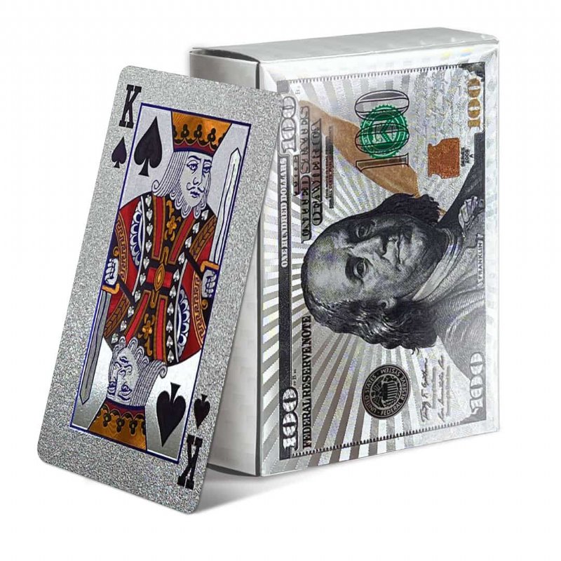 Baraja de cartas de póquer de lámina plateada con patrón de billete de dólar - 100 USD