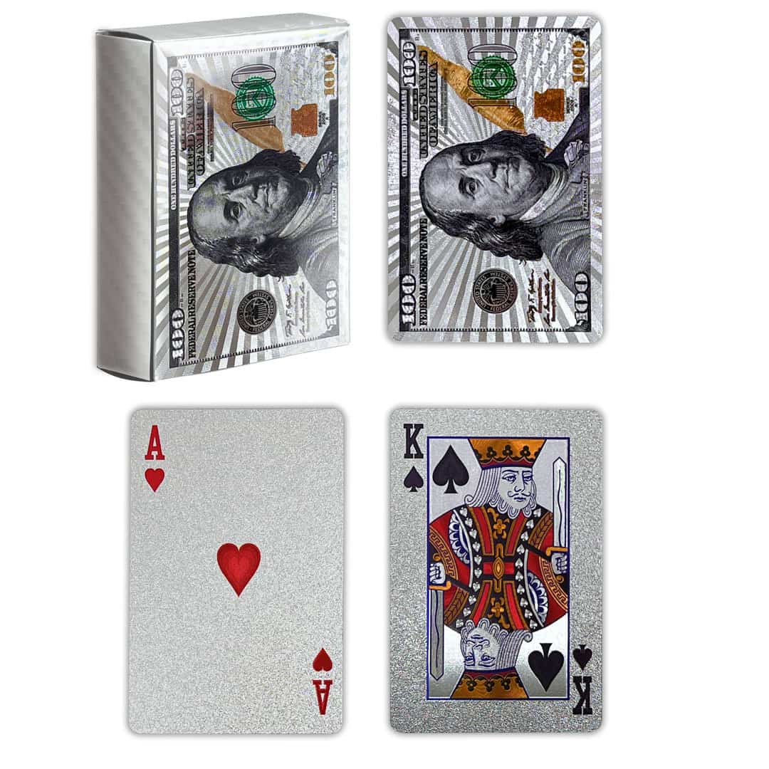 Baraja de cartas de póquer de lámina plateada con patrón de billete de dólar - 100 USD