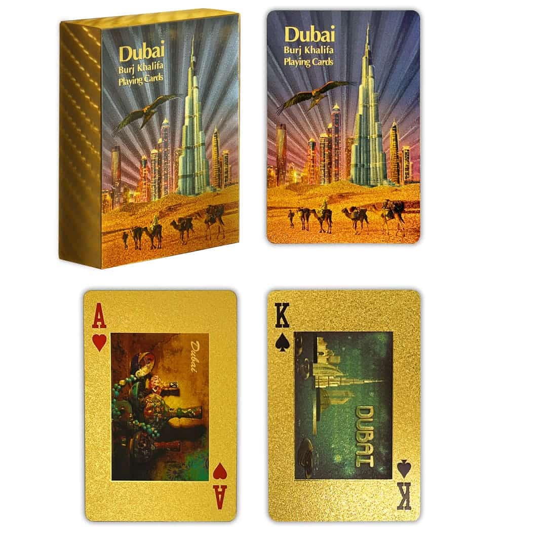 Naipes de la ciudad de Dubái con Burj Khalifa chapado en oro
