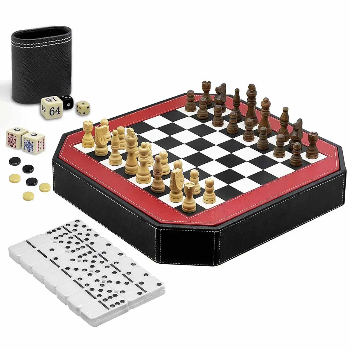 Conjunto de jogos de mesa, amigos jogando dominó e xadrez, um