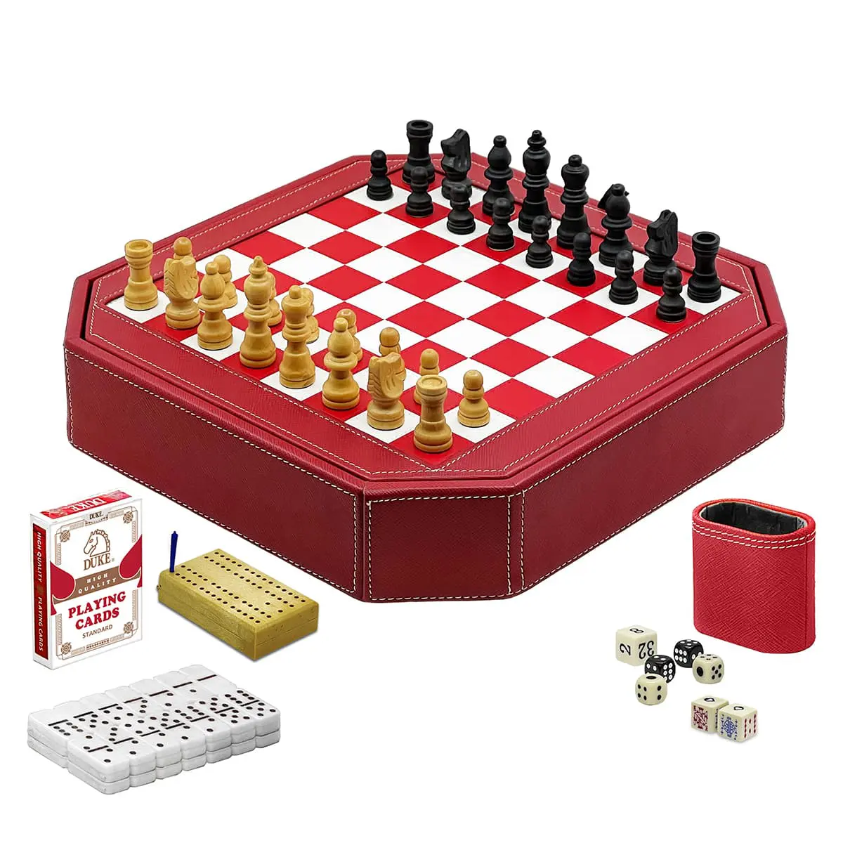 Colección de juegos de mesa múltiples de ajedrez con forma de octángulo 7 en 1 con almacenamiento