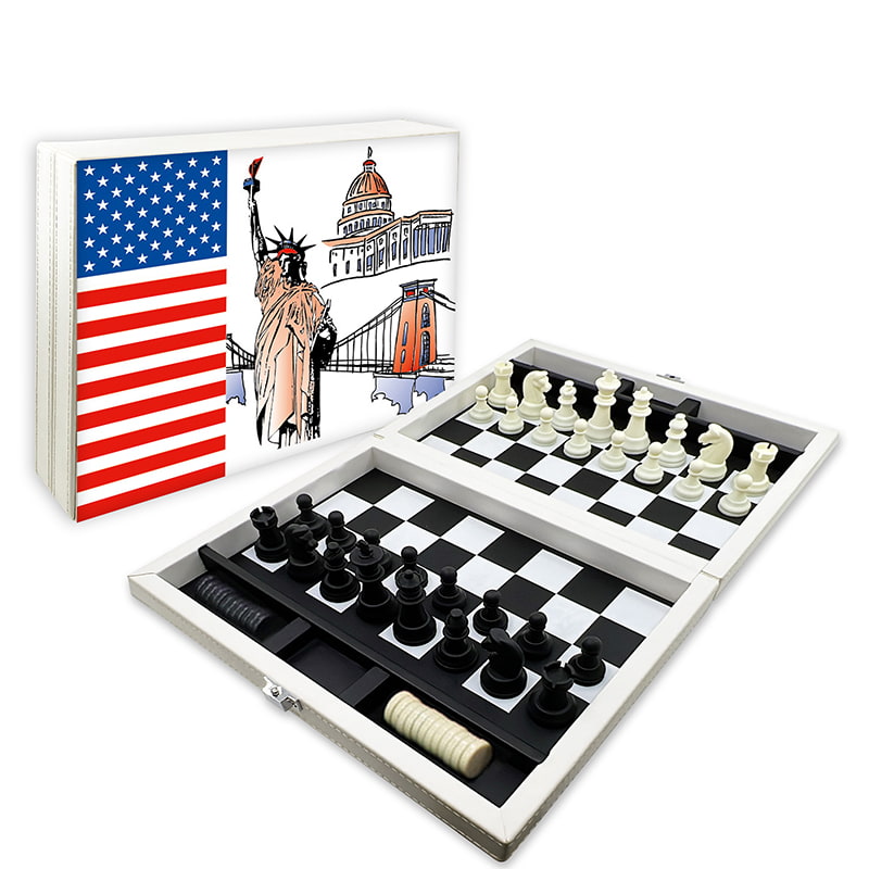 Conjunto de xadrez e damas com caixa dobrável de couro premium_NY
