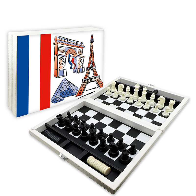 Conjunto de xadrez e damas com caixa dobrável de couro premium_Paris