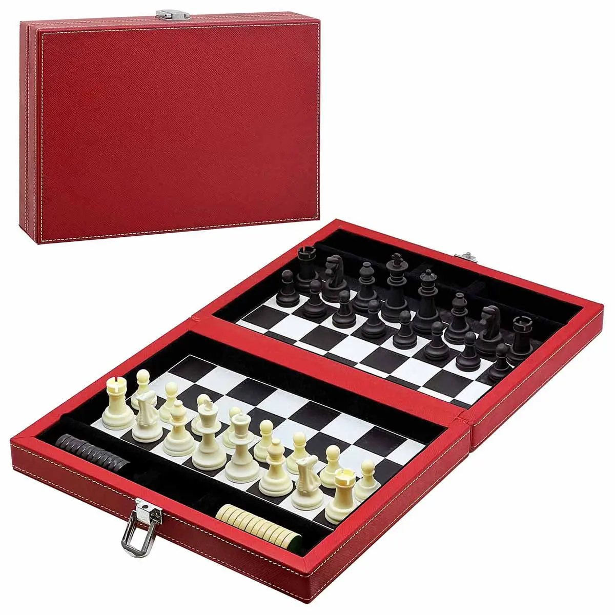 國際象棋和西洋跳棋套裝 - 便攜式人造皮革盒