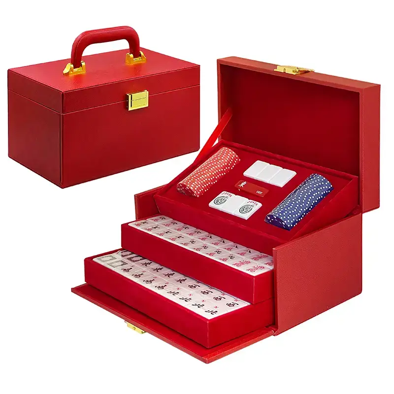 Juego de Mahjong en caja de regalo de cuero de 3 capas con cajones