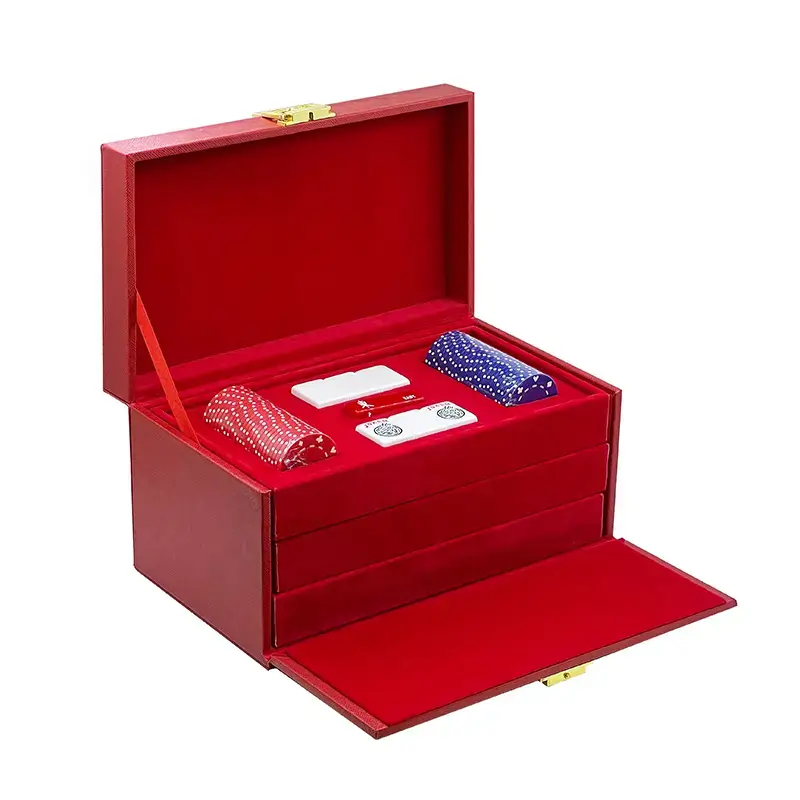 Juego de Mahjong en caja de regalo de cuero de 3 capas con cajones