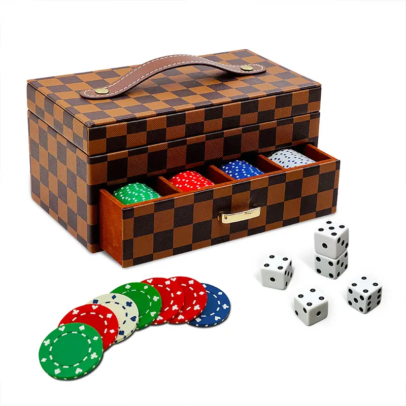 Poker Chip in Checkered Leatherette Box with Drawer