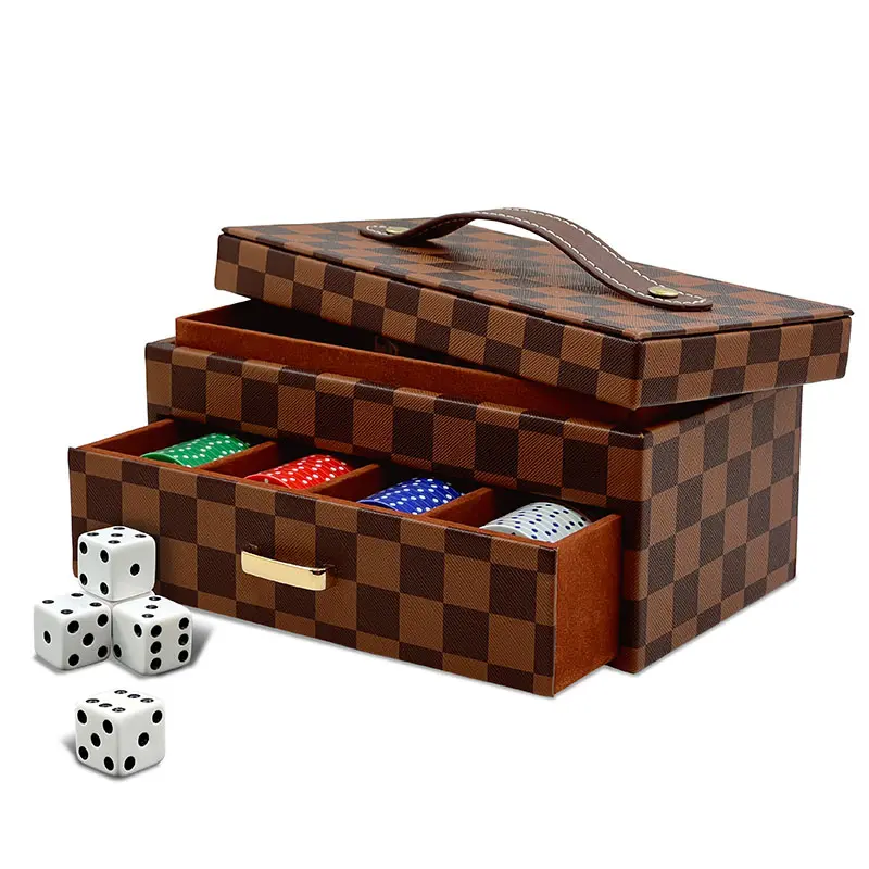 Poker Chip in Checkered Leatherette Box with Drawer