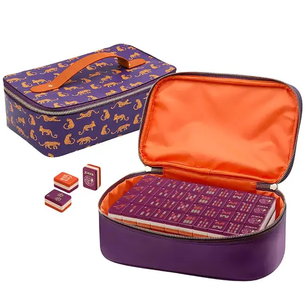 Juego de bolsa de cuero portátil para Mahjong americano con estampado de leopardo